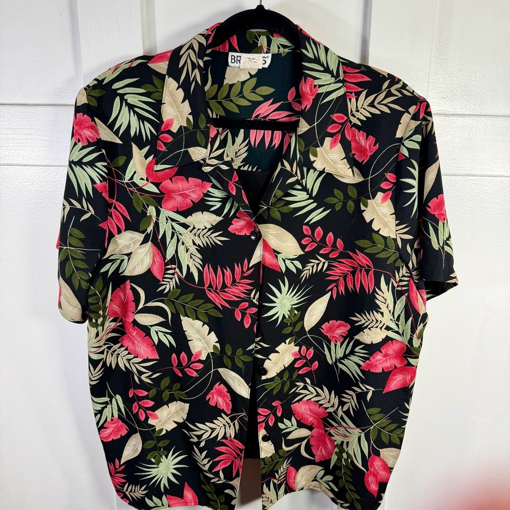 BRIGGS Tropical Leaf Print Button Up Shirt Blouse Top 2X Black Red‎ Green